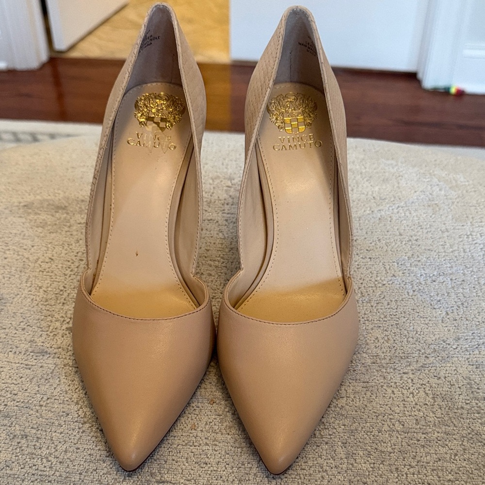 Vince Camuto Nude Pointed-Toe Leather Pumps with heel detailing